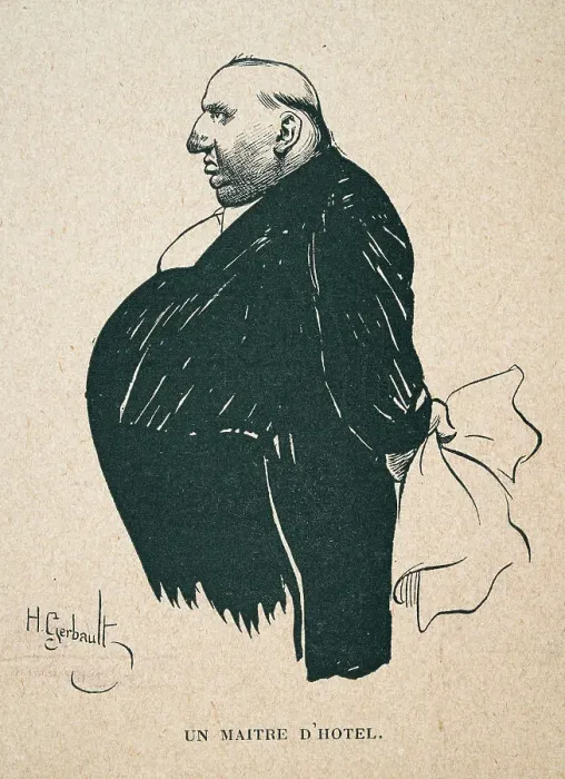 Framed Print : Caricature of overweight man with a large nose, Un maitre d'hotel, French 1890s Framed Print : Caricature of overweight man with a large nose, Un maitre d'hotel, French 1890s