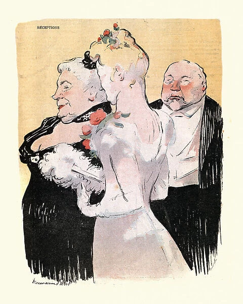 Caricature of Upper class French couple and their adult daughter, 1890s, 19th Century