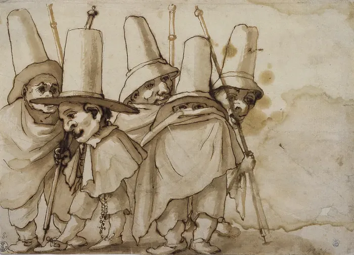 Framed Print : Caricatures of pilgrims, by Baccio Del Bianco, 1623 - 1650, 17th century, drawing with pen, brown watercolour, black pencinl on white paper Framed Print : Caricatures of pilgrims, by Baccio Del Bianco, 1623 - 1650, 17th century, drawing with pen, brown watercolour, black pencinl on white paper