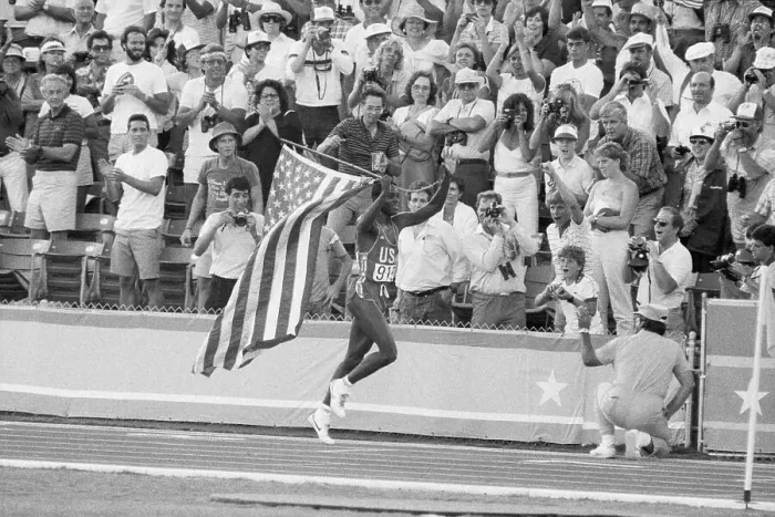 Framed Print : Carl Lewis Running W / Large American Flag Framed Print : Carl Lewis Running W / Large American Flag