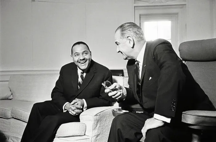 Framed Print : Carl Rowan and Lyndon Johnson Conversing