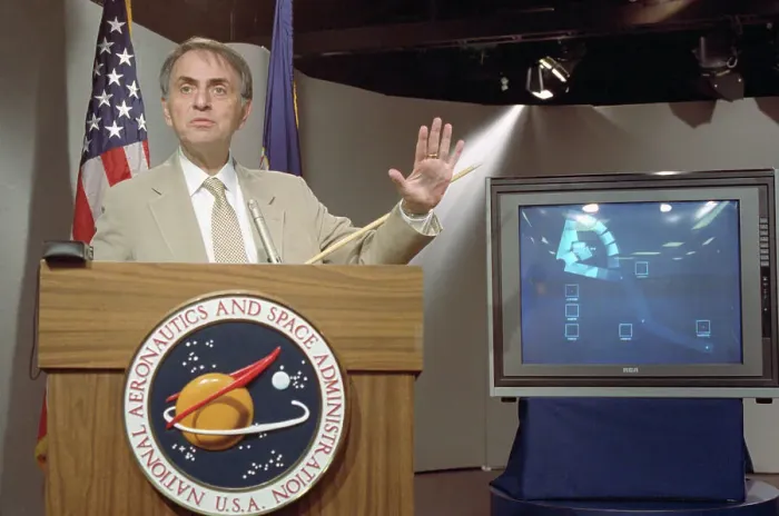 Framed Print : Carl Sagan Addressing Media