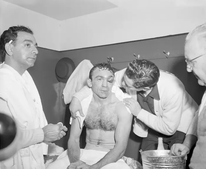 Framed Print : Carmen Basilio Being Consoled by Manager After Loss Framed Print : Carmen Basilio Being Consoled by Manager After Loss