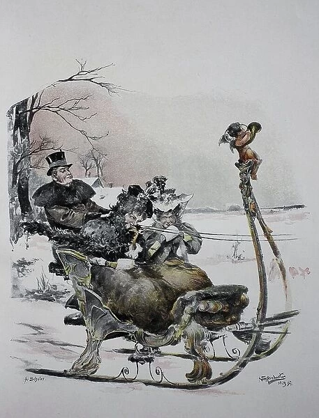 Carnival friends, on their way to a carnival event by sleigh, 1881, Germany, Historic, digital reproduction of an original 19th-century original