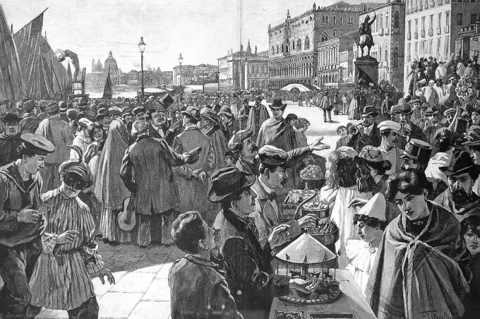 Framed Print : Carnival on the Riva degli Schiavoni in Venice, Italy, c. 1880, digitally restored reproduction of an original 19th-century master Framed Print : Carnival on the Riva degli Schiavoni in Venice, Italy, c. 1880, digitally restored reproduction of an original 19th-century master