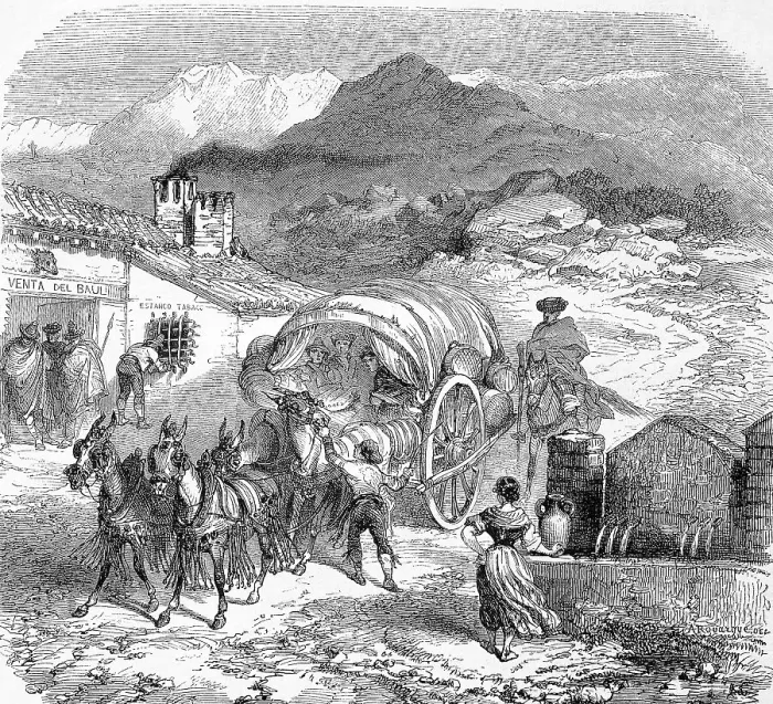 Framed Print : A carriage at a post station in the Sierra Nevada, Spain, Historic, digital reproduction of an original 19th-century painting