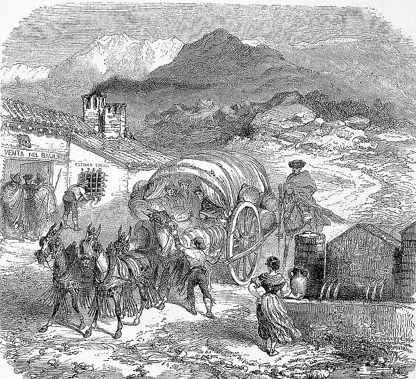 A carriage at a post station in the Sierra Nevada, Spain, Historic, digital reproduction of an original 19th-century painting