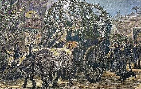 Carriage ride by German artists in Rome, Italy, historical wood engraving, c. 1880, digitally restored reproduction of a 19th century original, exact original date unknown, coloured