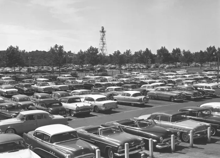 Framed Print : Cars in car park, (B&W), elevated view Framed Print : Cars in car park, (B&W), elevated view