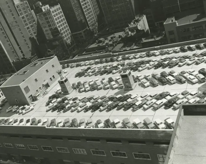 Framed Print : Cars on top level of parking lot, (B&W), (elevated view Framed Print : Cars on top level of parking lot, (B&W), (elevated view