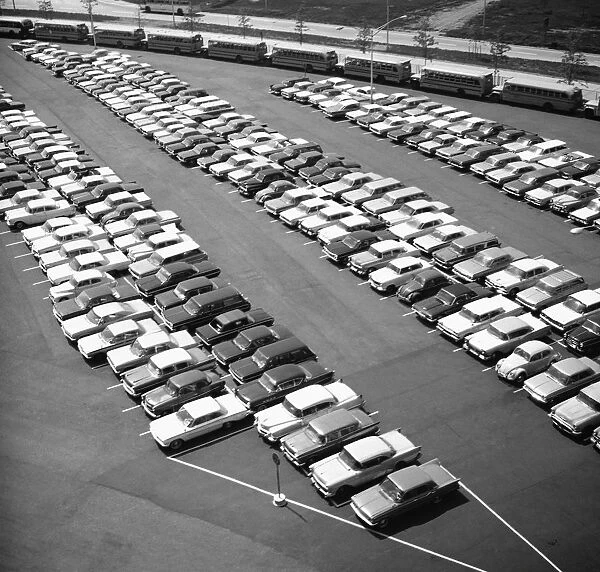 Cars on parking lot, (B&W), elevated view