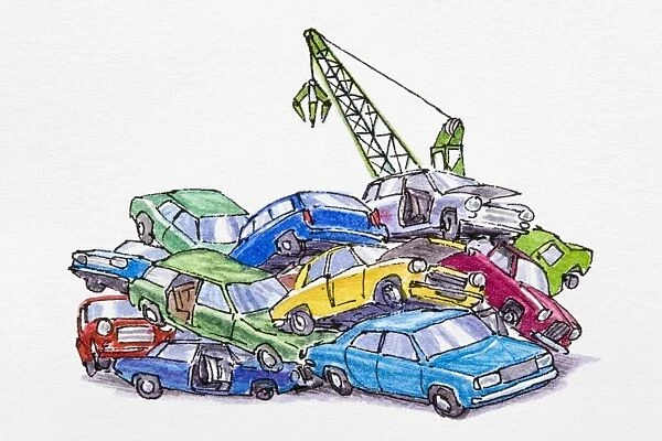 Cars piled up in scrapyard, crane