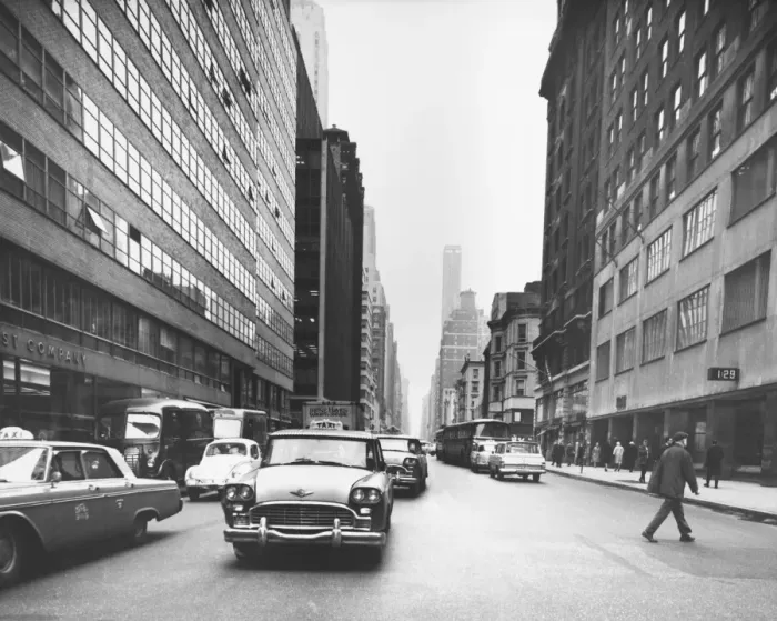 Framed Print : Cars riding on city street (B&W) Framed Print : Cars riding on city street (B&W)