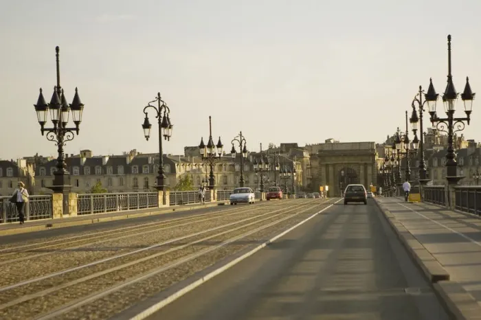 Framed Print : Cars on the road, Porte De Bourgogne, Pont De Pierre, Garonne River, Bordeaux, Aquitaine, France