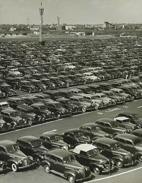 Cars in rows on parking lot, (B&W), (Elevated view)