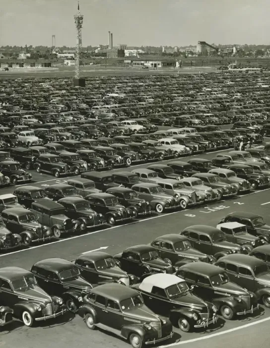 Framed Print : Cars in rows on parking lot, (B&W), (Elevated view) Framed Print : Cars in rows on parking lot, (B&W), (Elevated view)