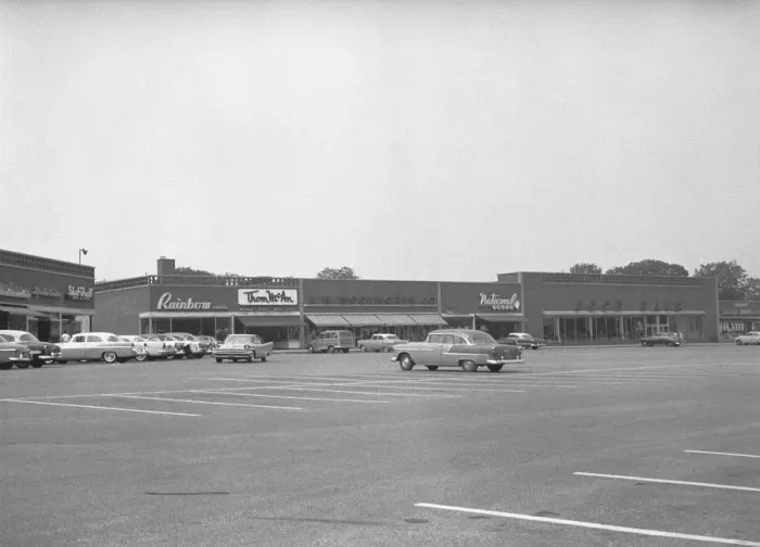 Framed Print : Cars on shopping centre parking, (B&W) Framed Print : Cars on shopping centre parking, (B&W)