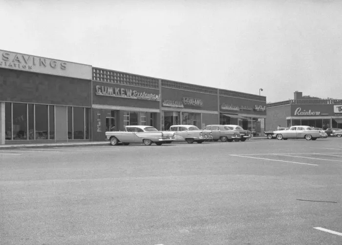 Framed Print : Cars on shopping centre parking, (B&W) Framed Print : Cars on shopping centre parking, (B&W)