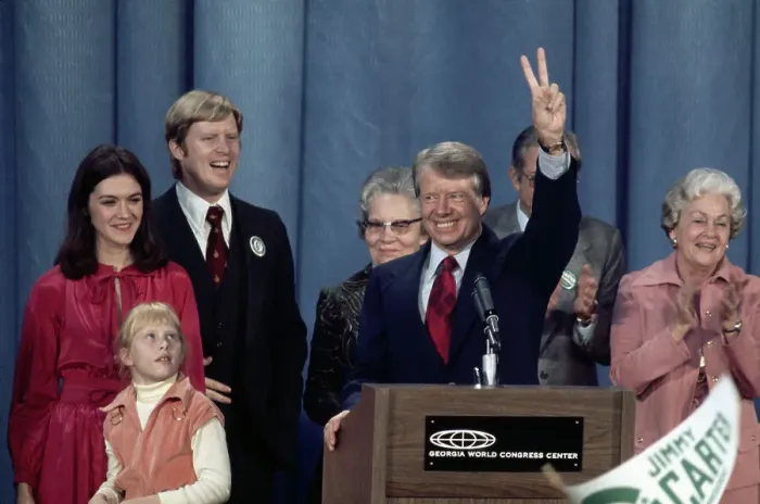 Framed Print : Carter Giving Victory Sign at Podium Framed Print : Carter Giving Victory Sign at Podium