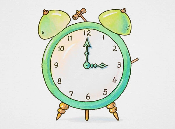 Cartoon, alarm clock with bells, hands pointing to three o clock