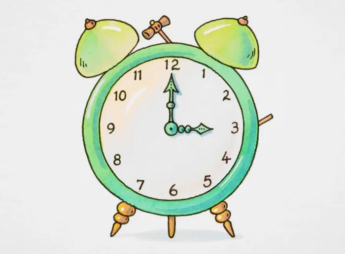 Framed Print : Cartoon, alarm clock with bells, hands pointing to three o clock Framed Print : Cartoon, alarm clock with bells, hands pointing to three o clock
