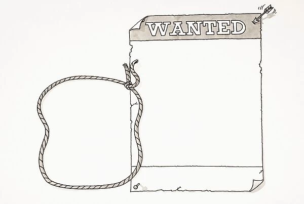 Cartoon, blank wanted poster pinned up with two drawing pins and small arrow, rope noose