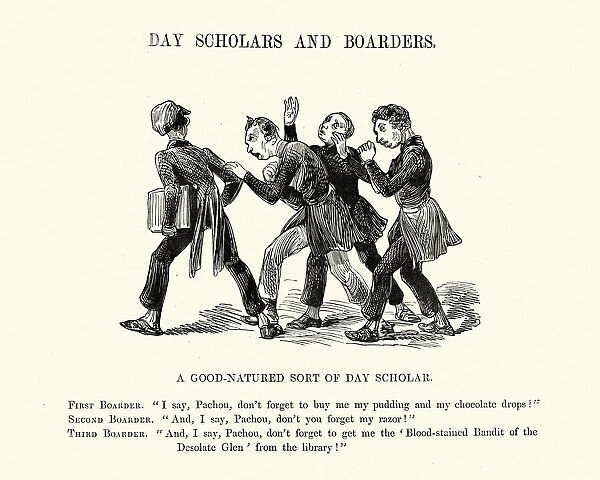 Cartoon of boarding school schoolboys, by Gustave Dore, 19th Century caricature
