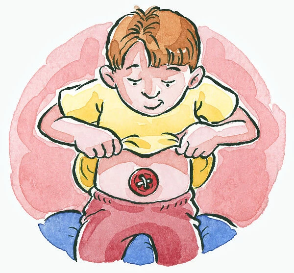 Cartoon boy lifting yellow T-shirt and looking down at belly button on abdomen