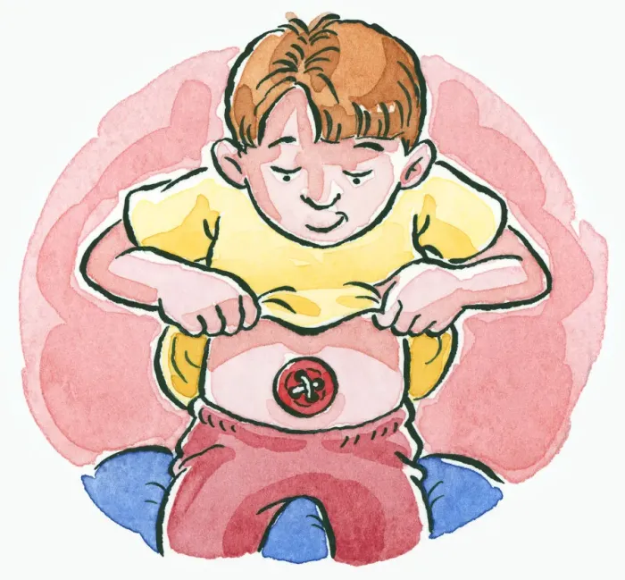 Framed Print : Cartoon boy lifting yellow T-shirt and looking down at belly button on abdomen Framed Print : Cartoon boy lifting yellow T-shirt and looking down at belly button on abdomen