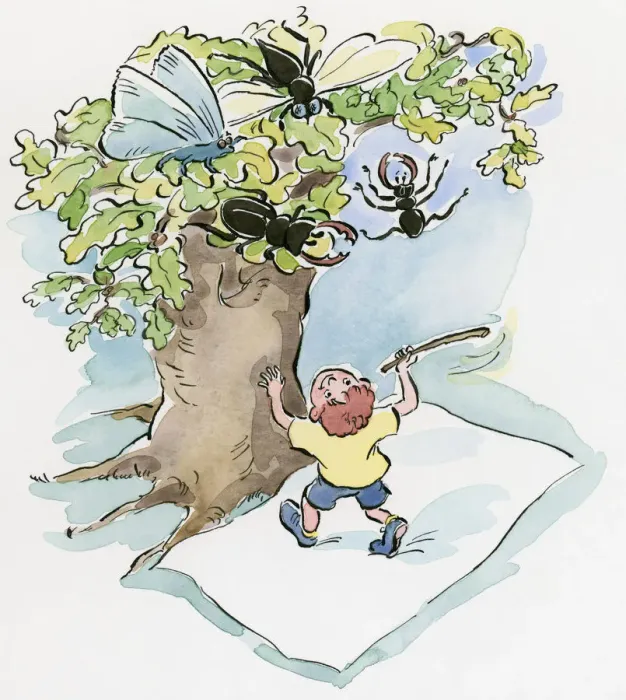 Framed Print : Cartoon of boy using stick make insect fall and fly from top of tree onto white sheet