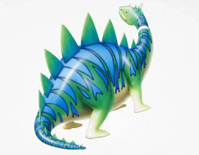 Framed Print : Cartoon character depiction of green dinosaur with blue stripy skin and spikes, side view