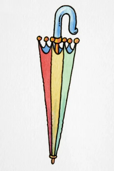 Framed Print : Cartoon, closed colourful umbrella with curved blue handle Framed Print : Cartoon, closed colourful umbrella with curved blue handle