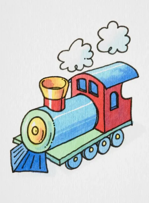 Framed Print : Cartoon, colourful steam train locomotive blowing steam out of its chimney, elevated view Framed Print : Cartoon, colourful steam train locomotive blowing steam out of its chimney, elevated view