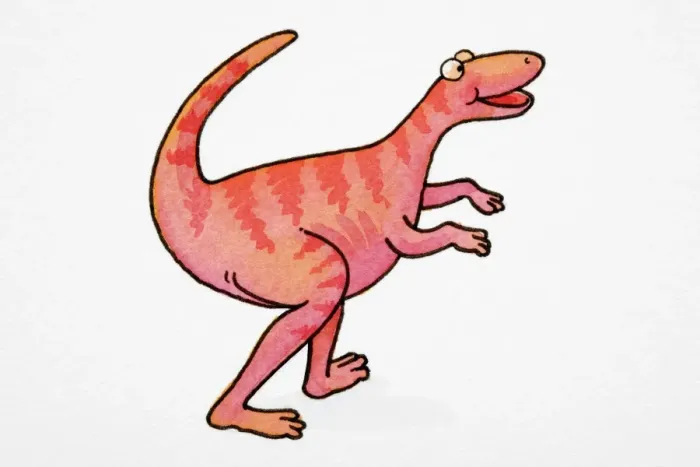 Framed Print : Cartoon depicting of dinosaur smiling and walking with upturned tail, side view Framed Print : Cartoon depicting of dinosaur smiling and walking with upturned tail, side view