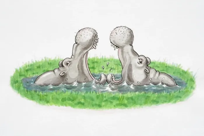 Framed Print : Cartoon depiction of two hippopotamus in pool Framed Print : Cartoon depiction of two hippopotamus in pool