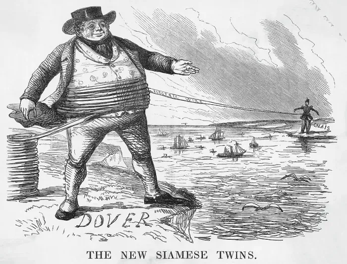 Framed Print : Cartoon Of Dover Calais Telegraph Line Framed Print : Cartoon Of Dover Calais Telegraph Line