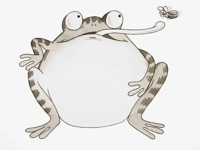 Framed Print : Cartoon, Frog looking up and sticking out its long tongue to catch Fly, front view Framed Print : Cartoon, Frog looking up and sticking out its long tongue to catch Fly, front view