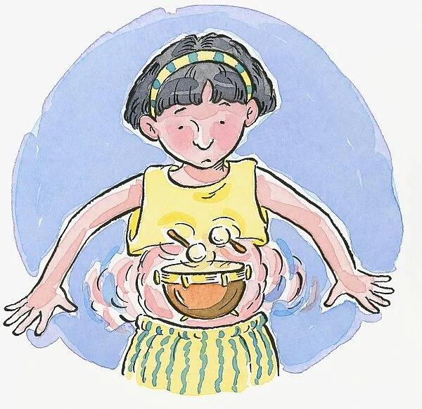 Cartoon of girl looking down at drumsticks hitting timpani in belly representing borborygmus or rumbling stomach
