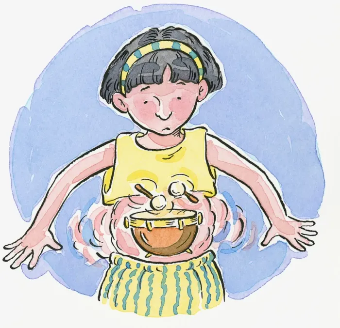 Framed Print : Cartoon of girl looking down at drumsticks hitting timpani in belly representing borborygmus or rumbling stomach Framed Print : Cartoon of girl looking down at drumsticks hitting timpani in belly representing borborygmus or rumbling stomach
