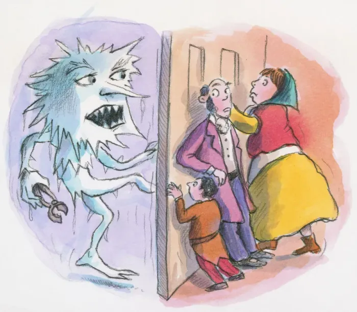 Framed Print : Cartoon of Jack Frost kicking door as family behind push to keep it closed Framed Print : Cartoon of Jack Frost kicking door as family behind push to keep it closed