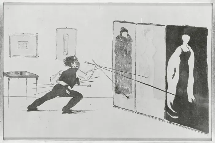 Framed Print : Cartoon of James Whistler Painting Framed Print : Cartoon of James Whistler Painting