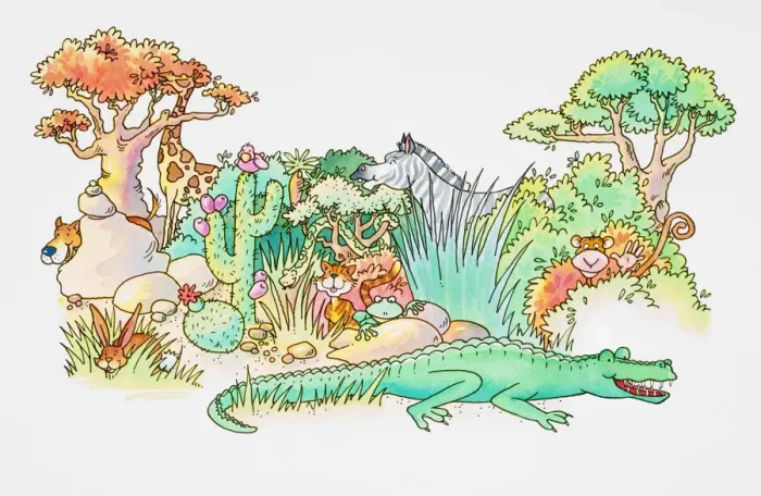 Framed Print : Cartoon, jungle scene with variety of animal species emerging from behind rocks and vegetation, Giraffe, Monkey, Zebra, Cat, Frog, Rabbit, Crocodile, Dog Framed Print : Cartoon, jungle scene with variety of animal species emerging from behind rocks and vegetation, Giraffe, Monkey, Zebra, Cat, Frog, Rabbit, Crocodile, Dog