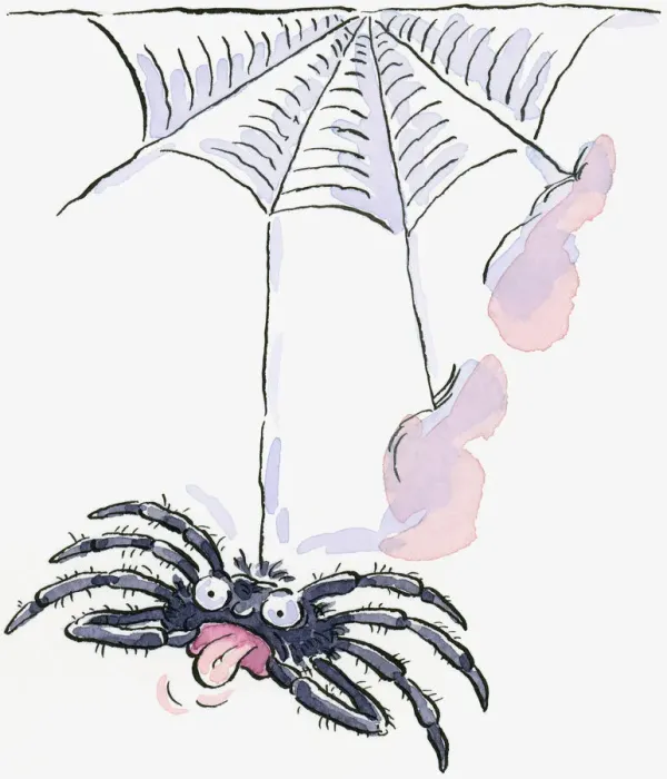 Framed Print : Cartoon of large spider hanging from web and sticking tongue out Framed Print : Cartoon of large spider hanging from web and sticking tongue out