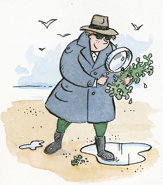 Cartoon of man dressed as detective looking at seaweed through magnifying glass