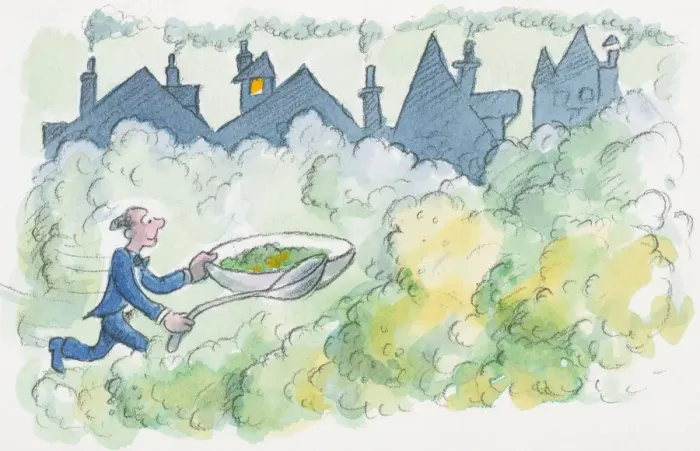 Framed Print : Cartoon of man running on yellowish-green smog caused by smoke from chimneys, holding over-sized bowl of pea soup and spoon Framed Print : Cartoon of man running on yellowish-green smog caused by smoke from chimneys, holding over-sized bowl of pea soup and spoon