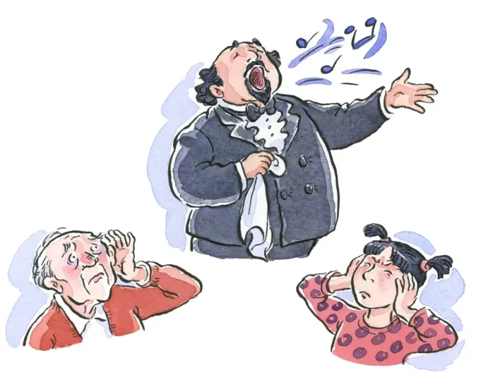 Framed Print : Cartoon of man singing as deaf senior man cups hand to ear to hear and girl holds hands over ears to block noise