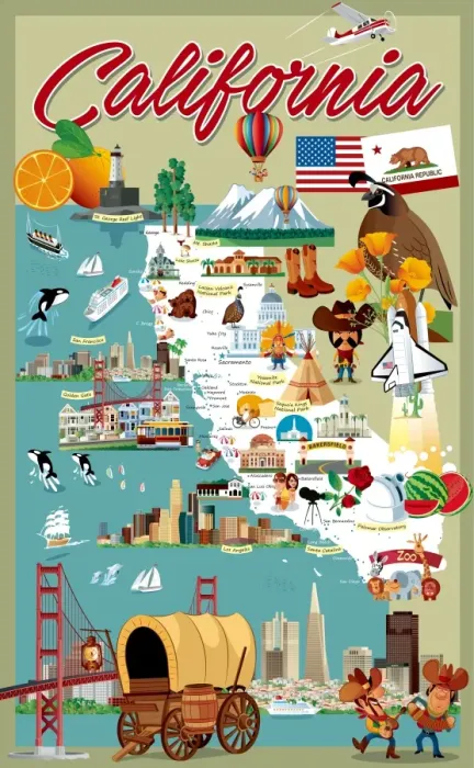 Framed Print : Cartoon map of California Framed Print : Cartoon map of California