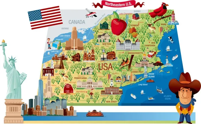 Framed Print : Cartoon map of Northeastern U. S Framed Print : Cartoon map of Northeastern U. S