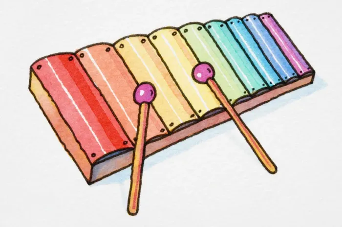 Framed Print : Cartoon, multicoloured metallophone with pair of mallets Framed Print : Cartoon, multicoloured metallophone with pair of mallets