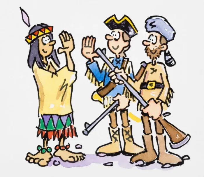 Framed Print : Cartoon of Native American greeting two men